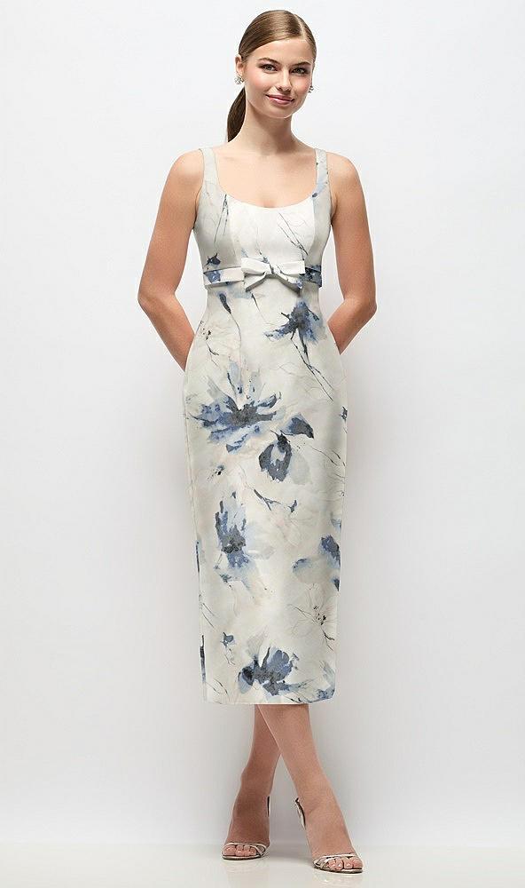scoop neck floral satin column midi dress with bow at empire waist