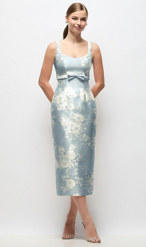 scoop neck floral satin column midi dress with bow at empire waist