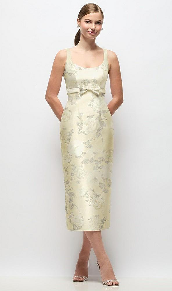scoop neck floral satin column midi dress with bow at empire waist