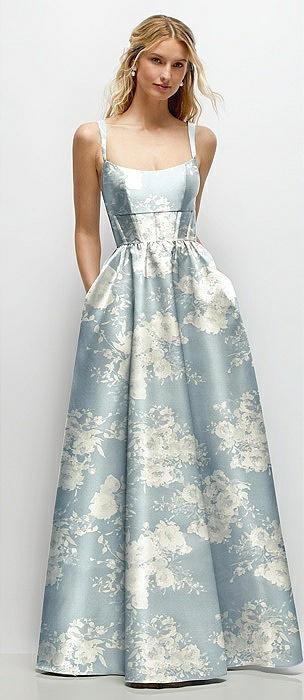 scoop neck inset corset floral satin maxi dress with pockets