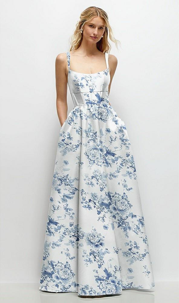 scoop neck inset corset floral satin maxi dress with pockets
