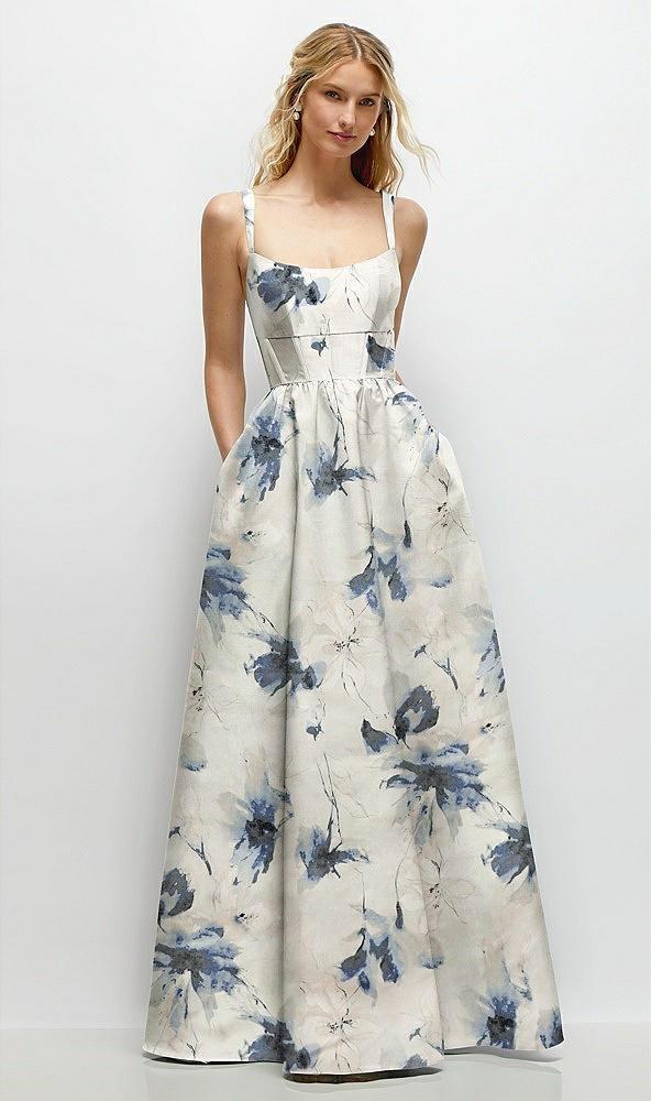 scoop neck inset corset floral satin maxi dress with pockets