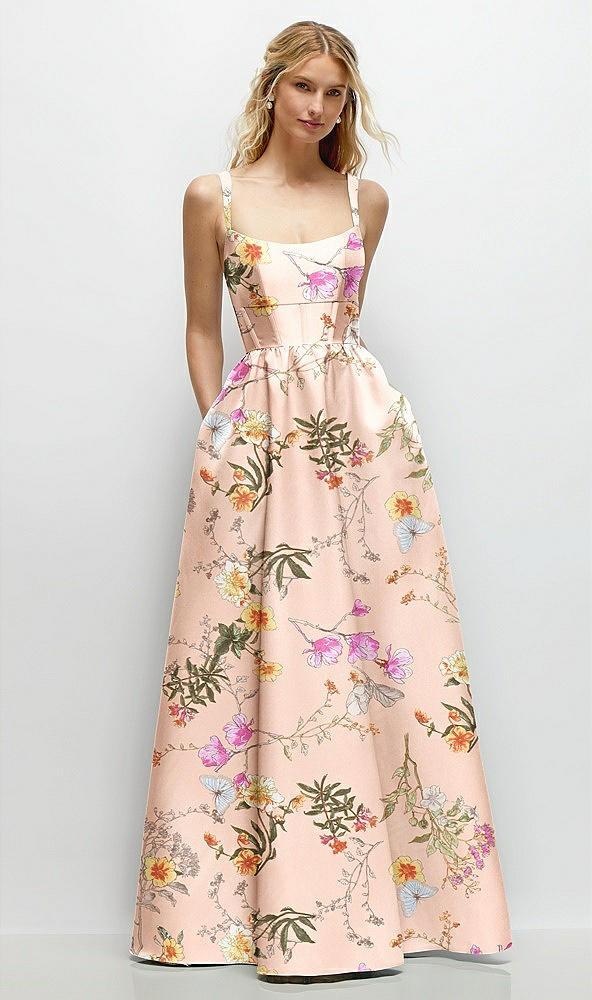 scoop neck inset corset floral satin maxi dress with pockets