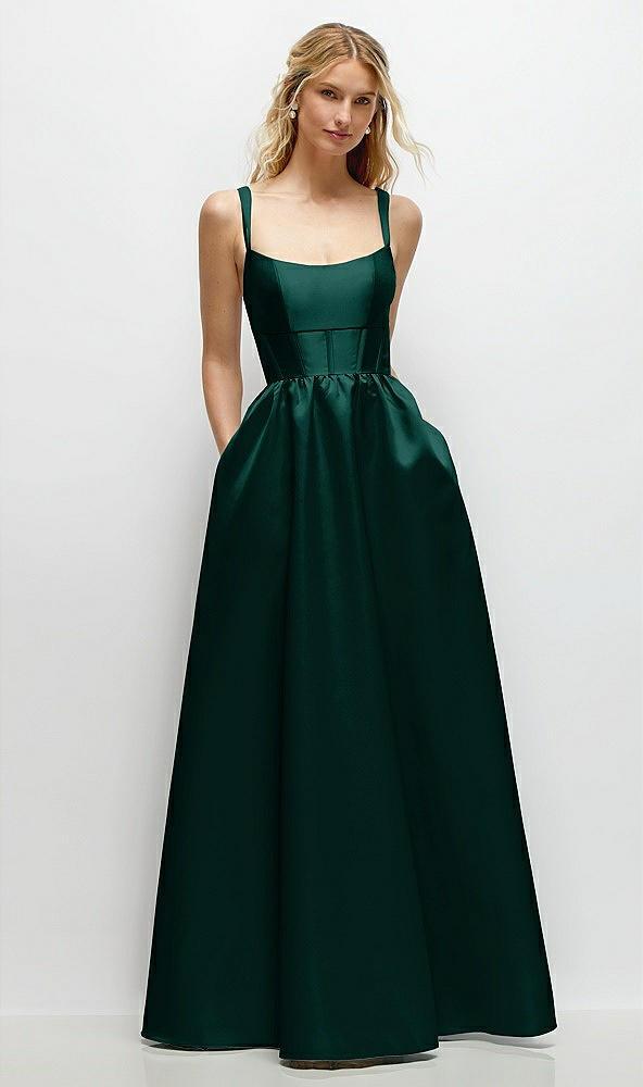 scoop neck inset corset satin maxi dress with pockets