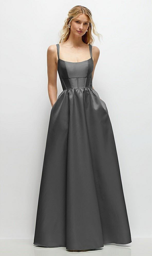 scoop neck inset corset satin maxi dress with pockets