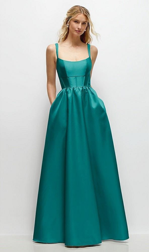 scoop neck inset corset satin maxi dress with pockets