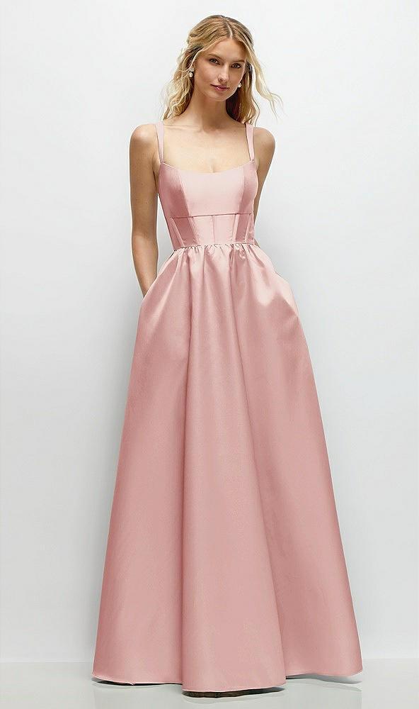 scoop neck inset corset satin maxi dress with pockets