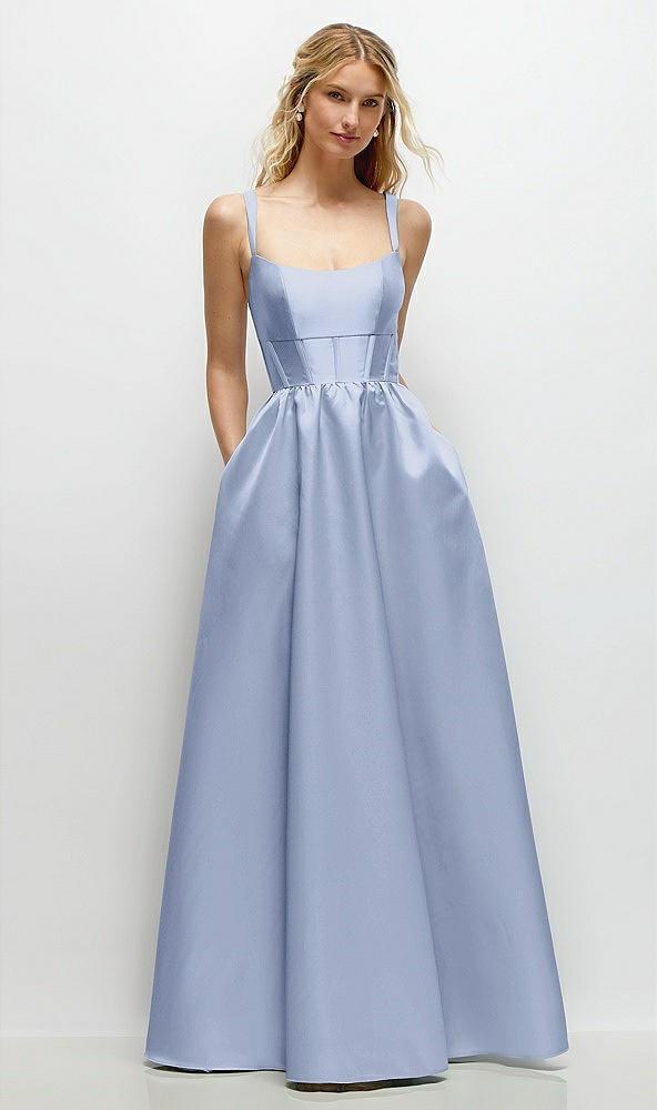 scoop neck inset corset satin maxi dress with pockets