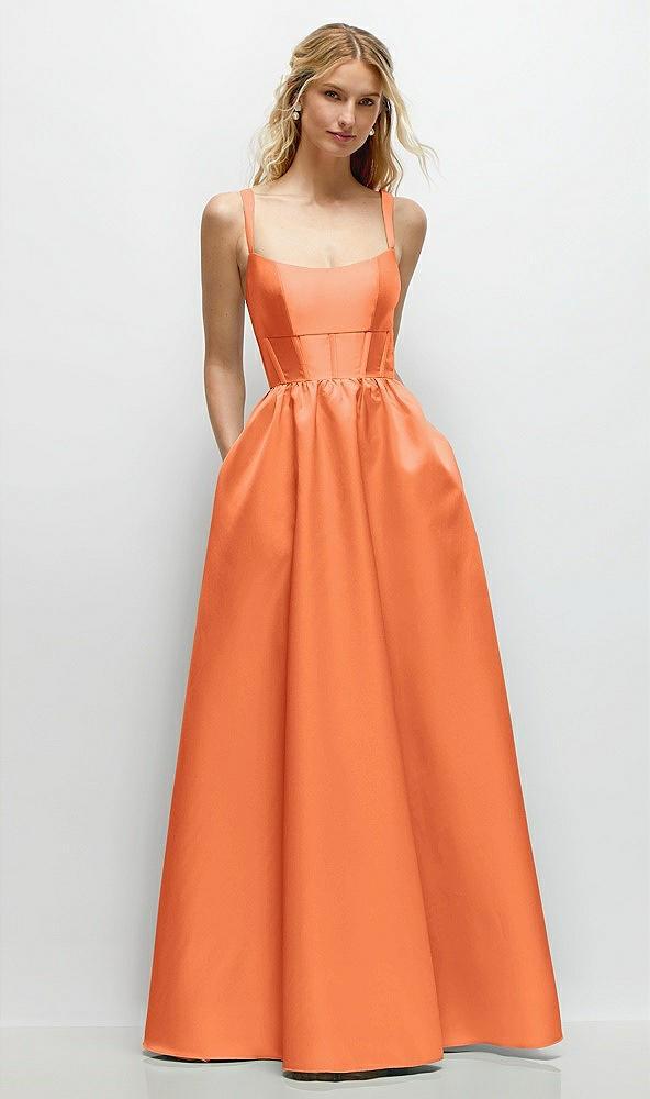 scoop neck inset corset satin maxi dress with pockets