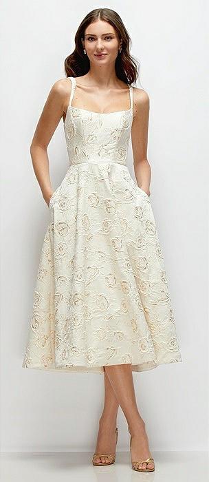 scoop neck ivory gold rosette midi dress with horsehair hem