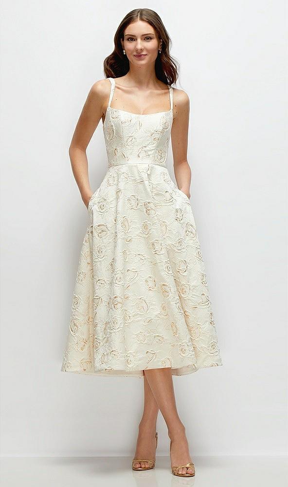 scoop neck ivory gold rosette midi dress with horsehair hem