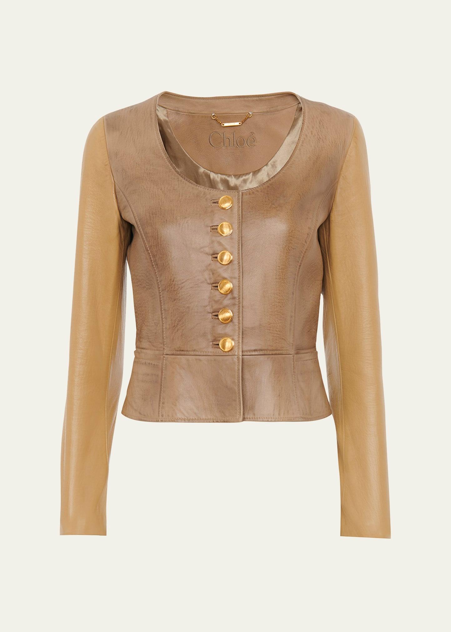 scoop-neck leather single-breasted jacket