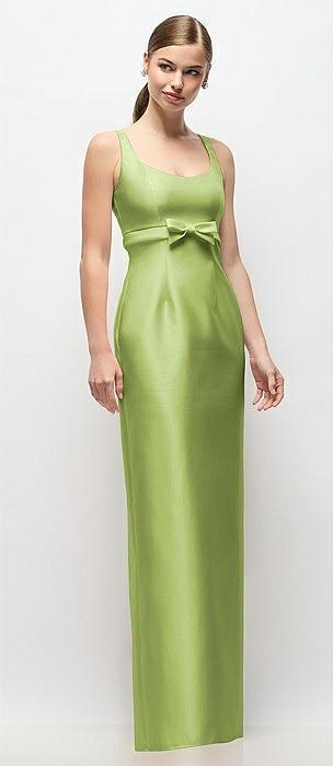 scoop neck satin column maxi dress with bow at empire waist