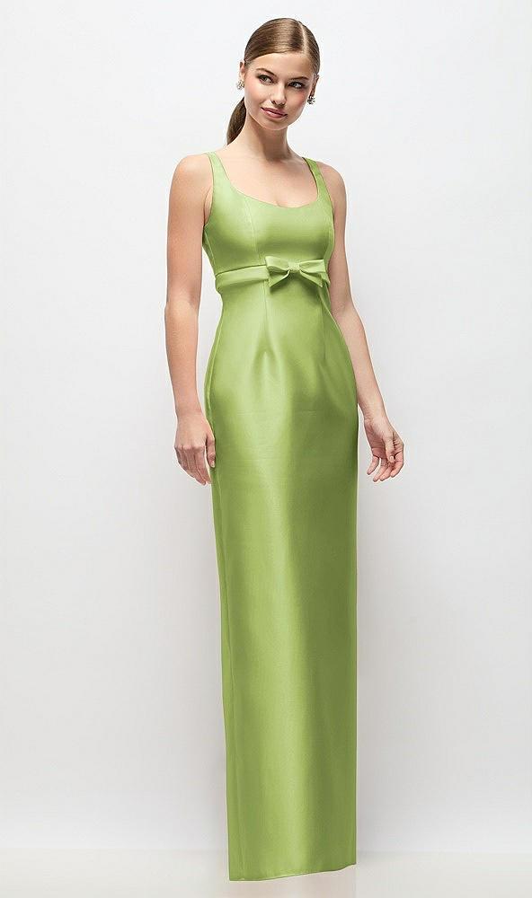 scoop neck satin column maxi dress with bow at empire waist