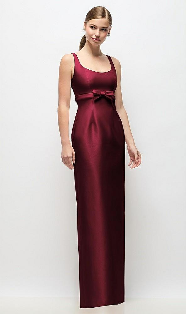 scoop neck satin column maxi dress with bow at empire waist
