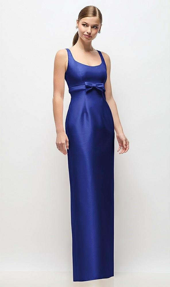 scoop neck satin column maxi dress with bow at empire waist