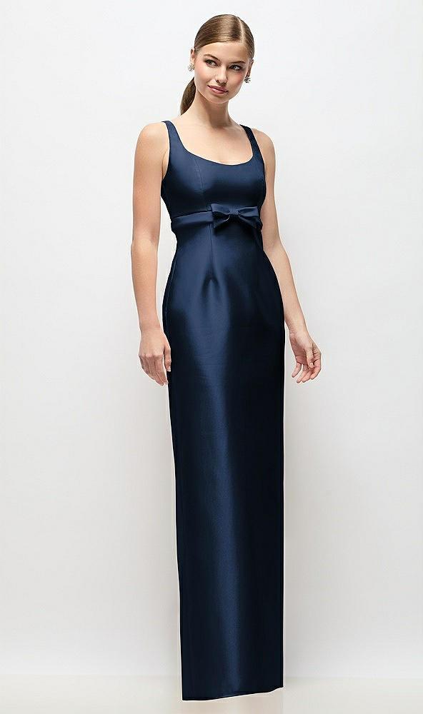 scoop neck satin column maxi dress with bow at empire waist