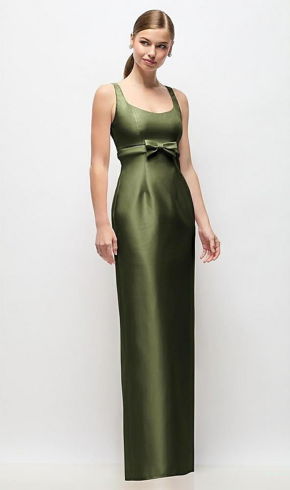 scoop neck satin column maxi dress with bow at empire waist