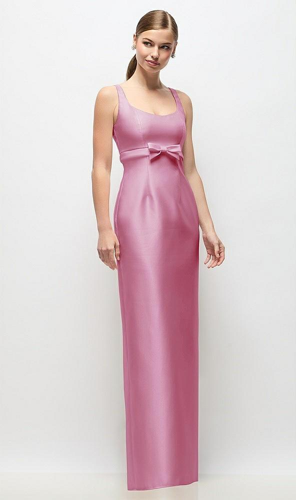scoop neck satin column maxi dress with bow at empire waist