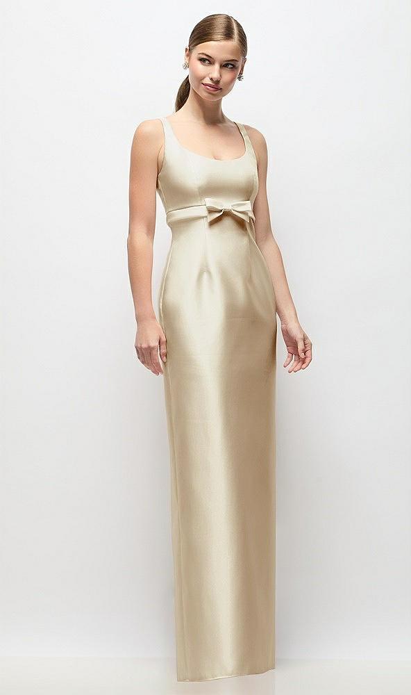 scoop neck satin column maxi dress with bow at empire waist