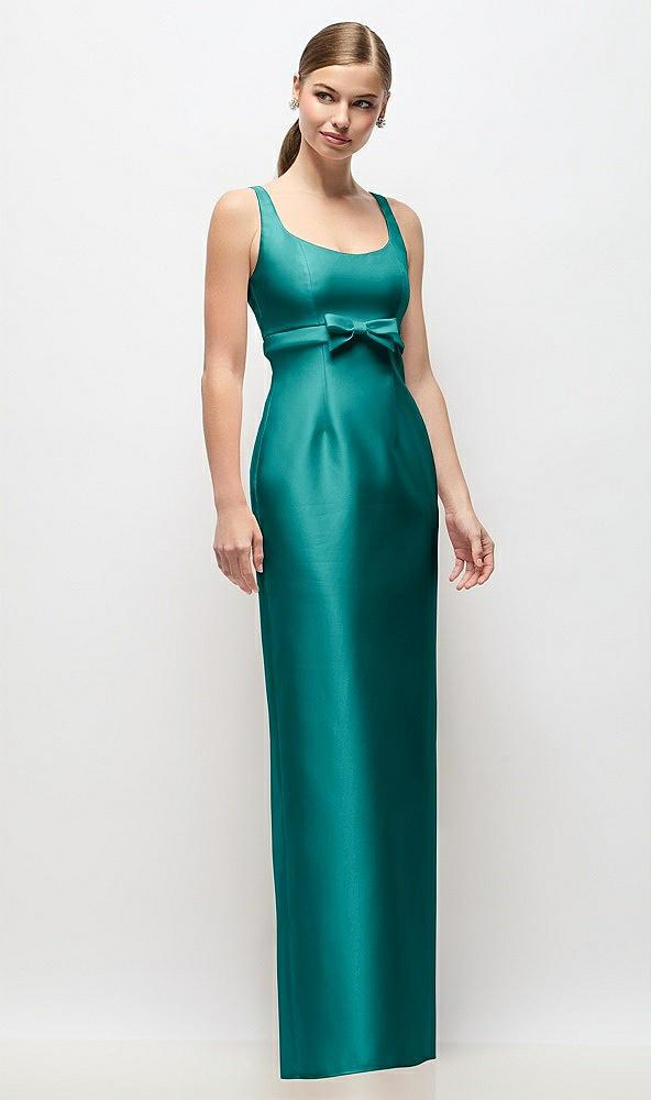 scoop neck satin column maxi dress with bow at empire waist