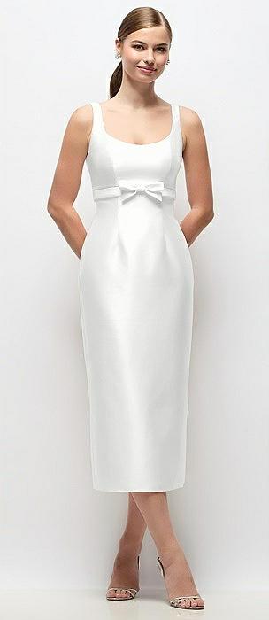 scoop neck satin column midi dress with bow at empire waist