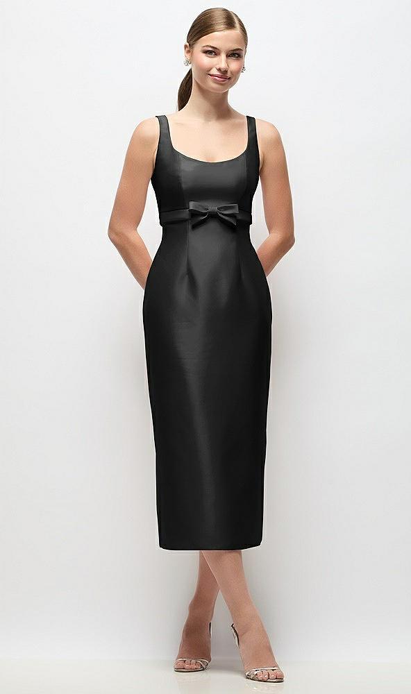 scoop neck satin column midi dress with bow at empire waist
