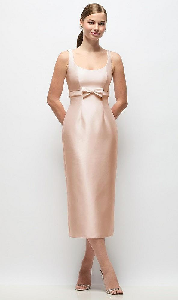 scoop neck satin column midi dress with bow at empire waist