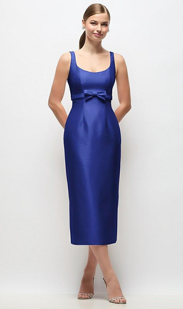 scoop neck satin column midi dress with bow at empire waist