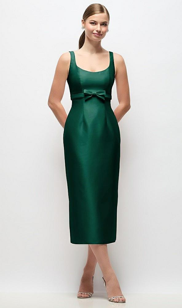 scoop neck satin column midi dress with bow at empire waist