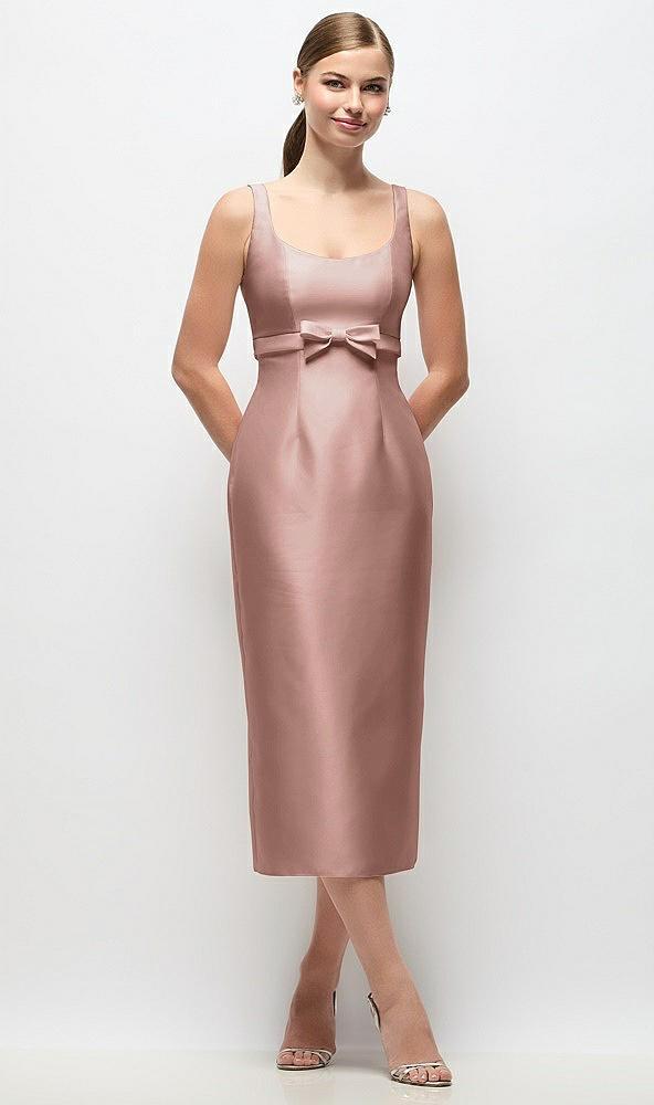 scoop neck satin column midi dress with bow at empire waist