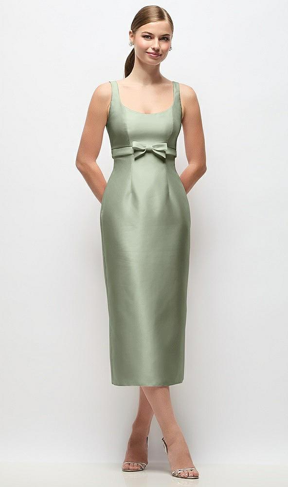 scoop neck satin column midi dress with bow at empire waist