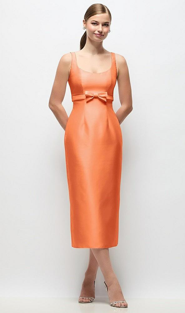 scoop neck satin column midi dress with bow at empire waist