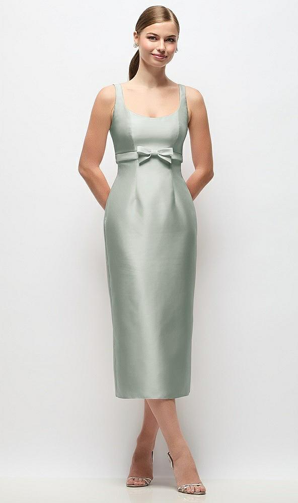 scoop neck satin column midi dress with bow at empire waist