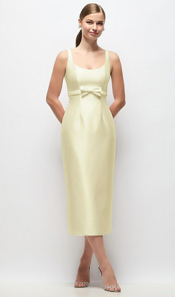 scoop neck satin column midi dress with bow at empire waist