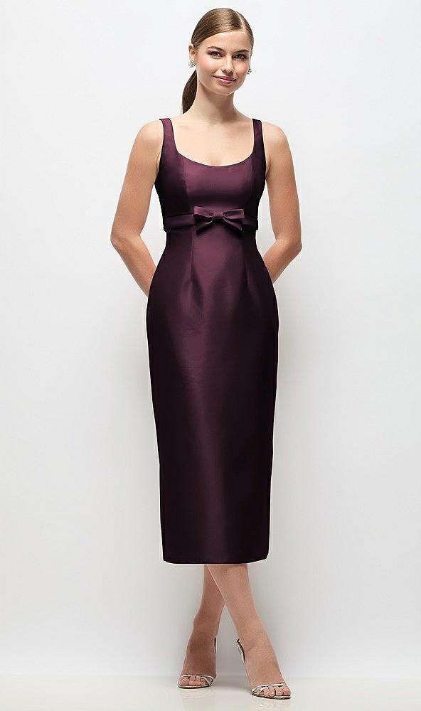 scoop neck satin column midi dress with bow at empire waist