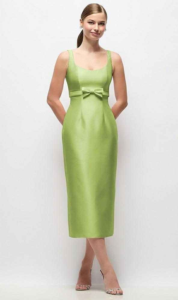 scoop neck satin column midi dress with bow at empire waist