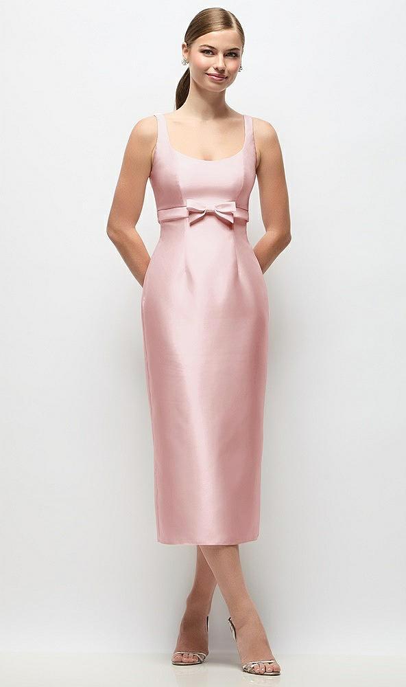 scoop neck satin column midi dress with bow at empire waist