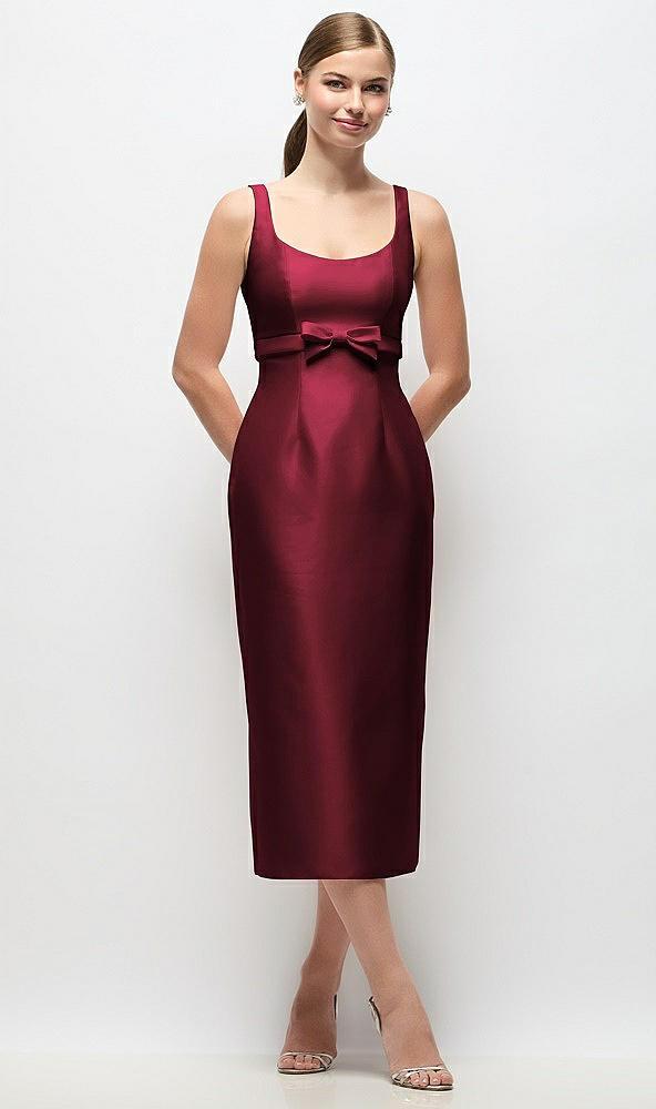 scoop neck satin column midi dress with bow at empire waist