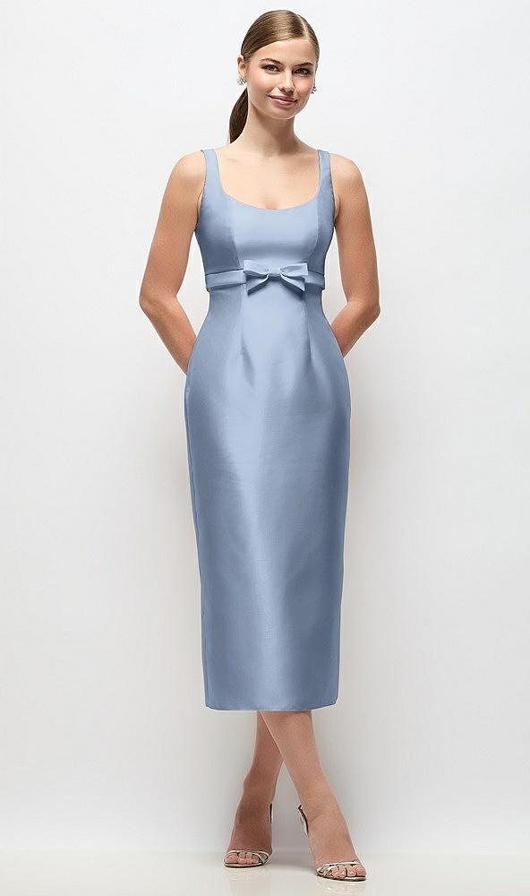 scoop neck satin column midi dress with bow at empire waist