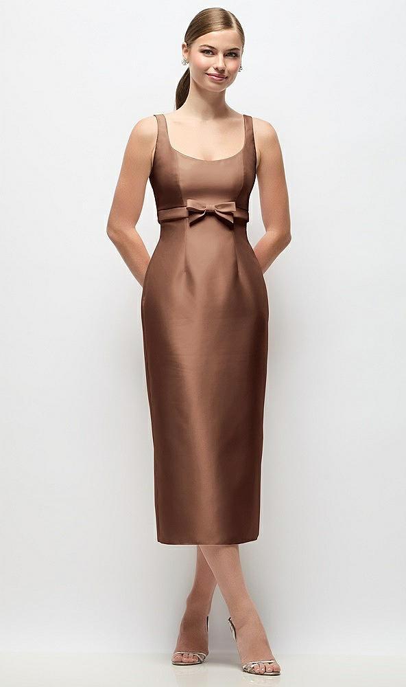 scoop neck satin column midi dress with bow at empire waist