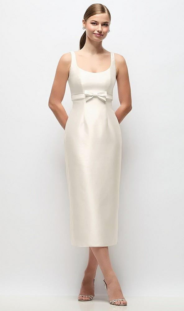 scoop neck satin column midi dress with bow at empire waist