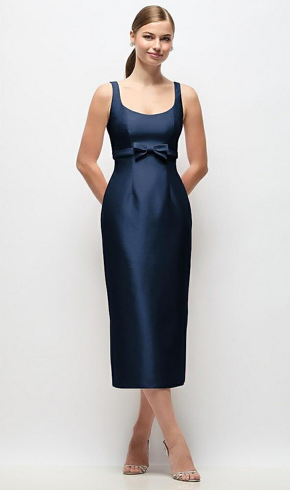 scoop neck satin column midi dress with bow at empire waist