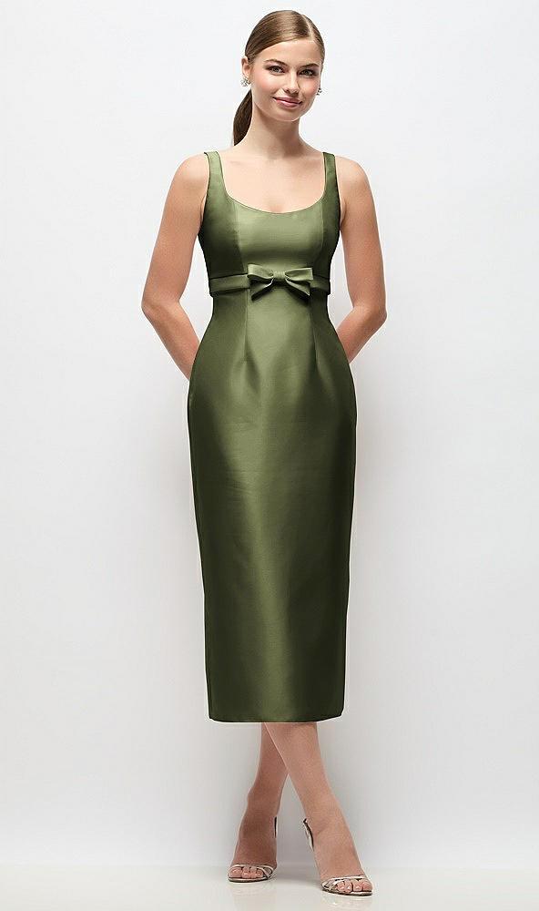 scoop neck satin column midi dress with bow at empire waist