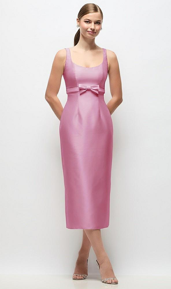 scoop neck satin column midi dress with bow at empire waist