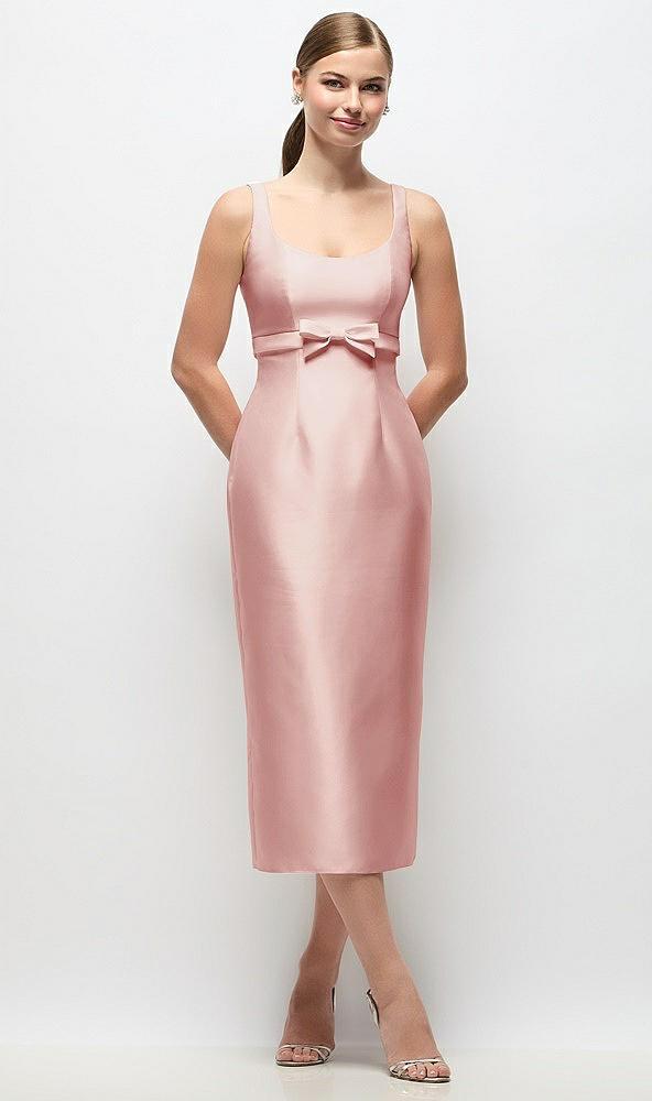 scoop neck satin column midi dress with bow at empire waist