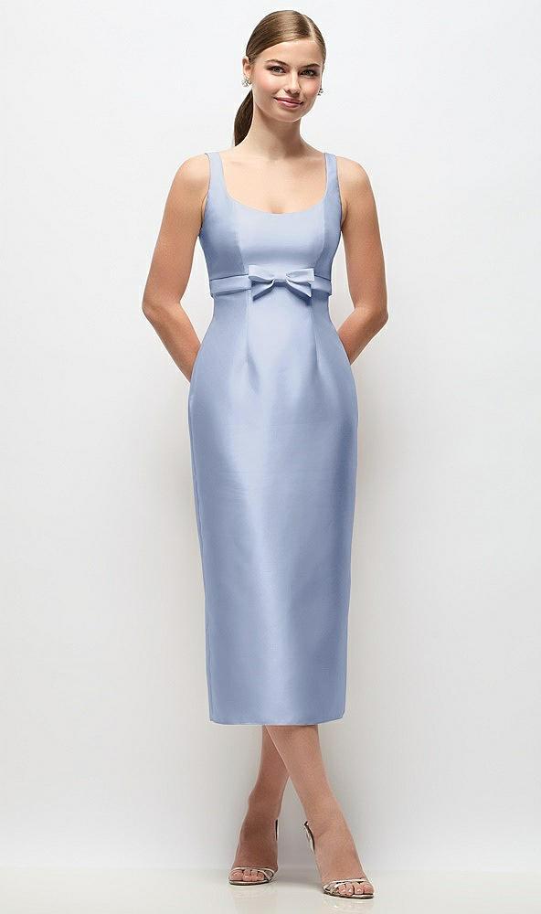 scoop neck satin column midi dress with bow at empire waist