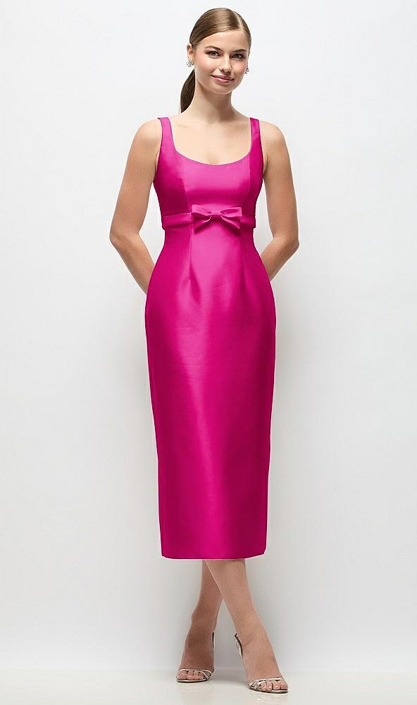 scoop neck satin column midi dress with bow at empire waist