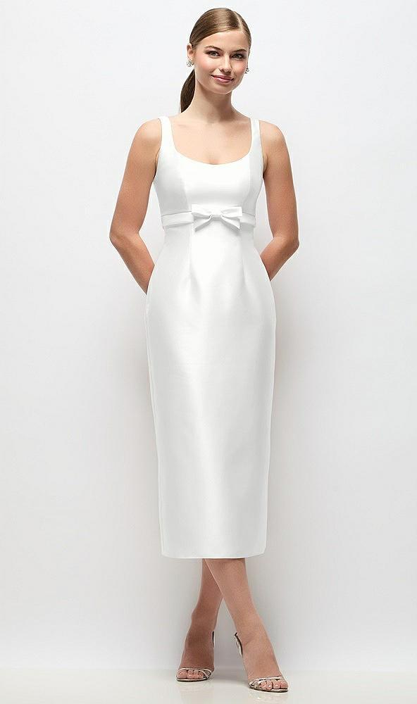 scoop neck satin column midi dress with bow at empire waist