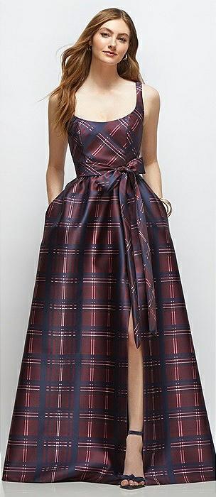 scoop-neck tank bodice alba tartan satin maxi dress with full skirt